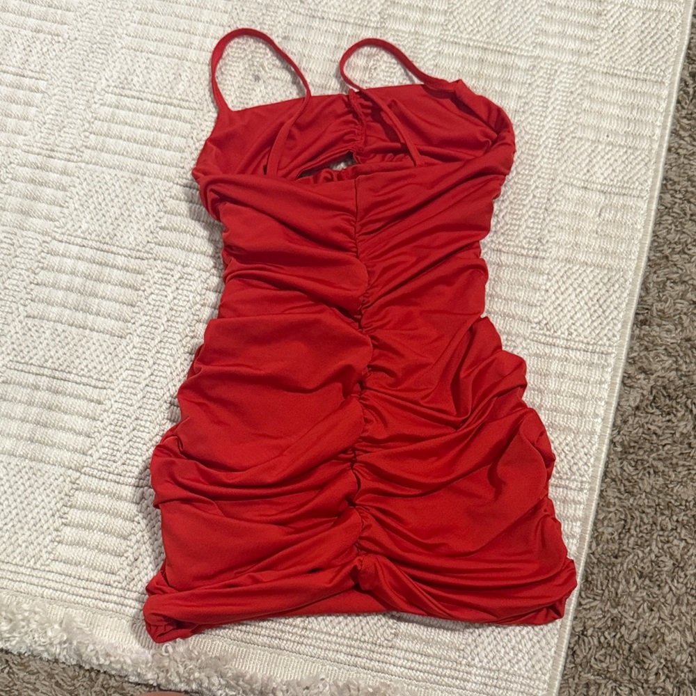 Red Ruched Spaghetti Strap Mini Dress - Picture 2 of 2